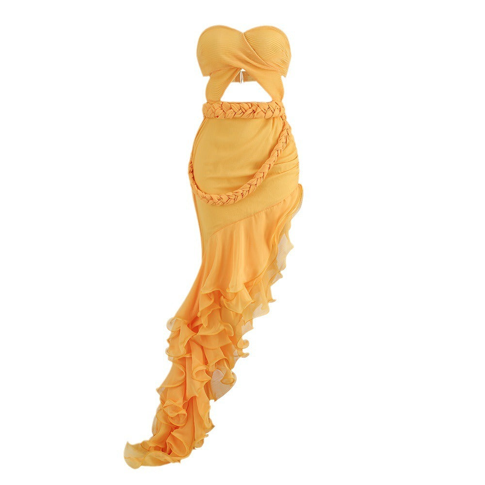 Fashionable wrap chest sexy one line neckline slim fit slit wooden ear edge dress