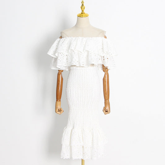 Beach Vacation Style Fashion Casual Set Women Ruffle Irregular Blouse + High Waist Mermaid Skirt Set