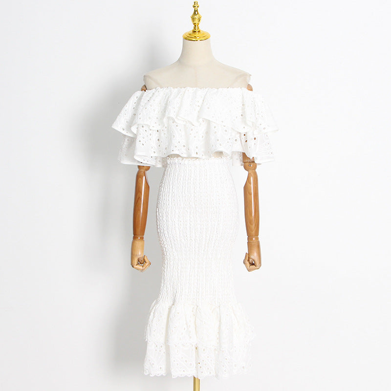 Beach Vacation Style Fashion Casual Set Women Ruffle Irregular Blouse + High Waist Mermaid Skirt Set