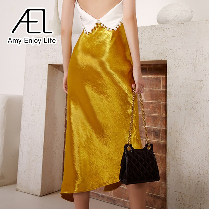 AEL Asymmetric High Split Skirt Woman Long Satin Skirt Sexy Wrap Hip Summer Femme Midiskirt High Waist Golden