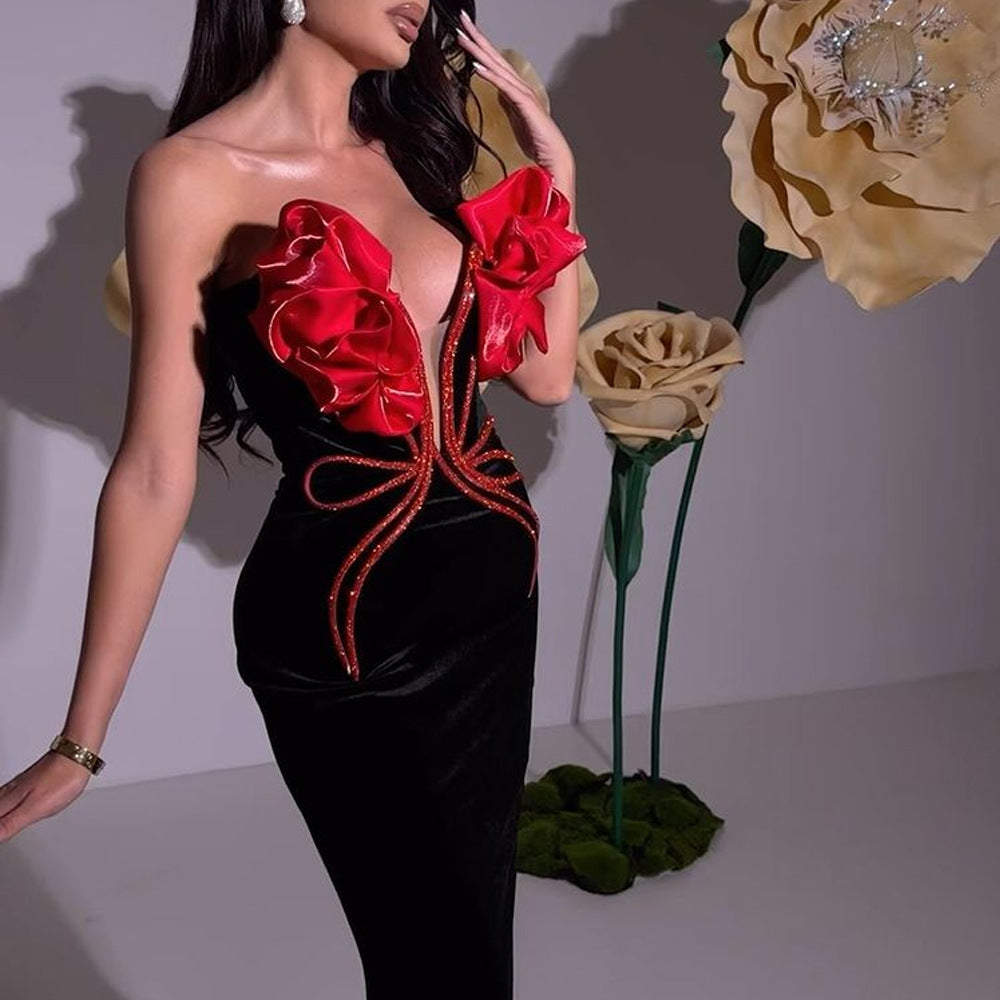 Sexy and elegant tube top long evening dress with flower chains