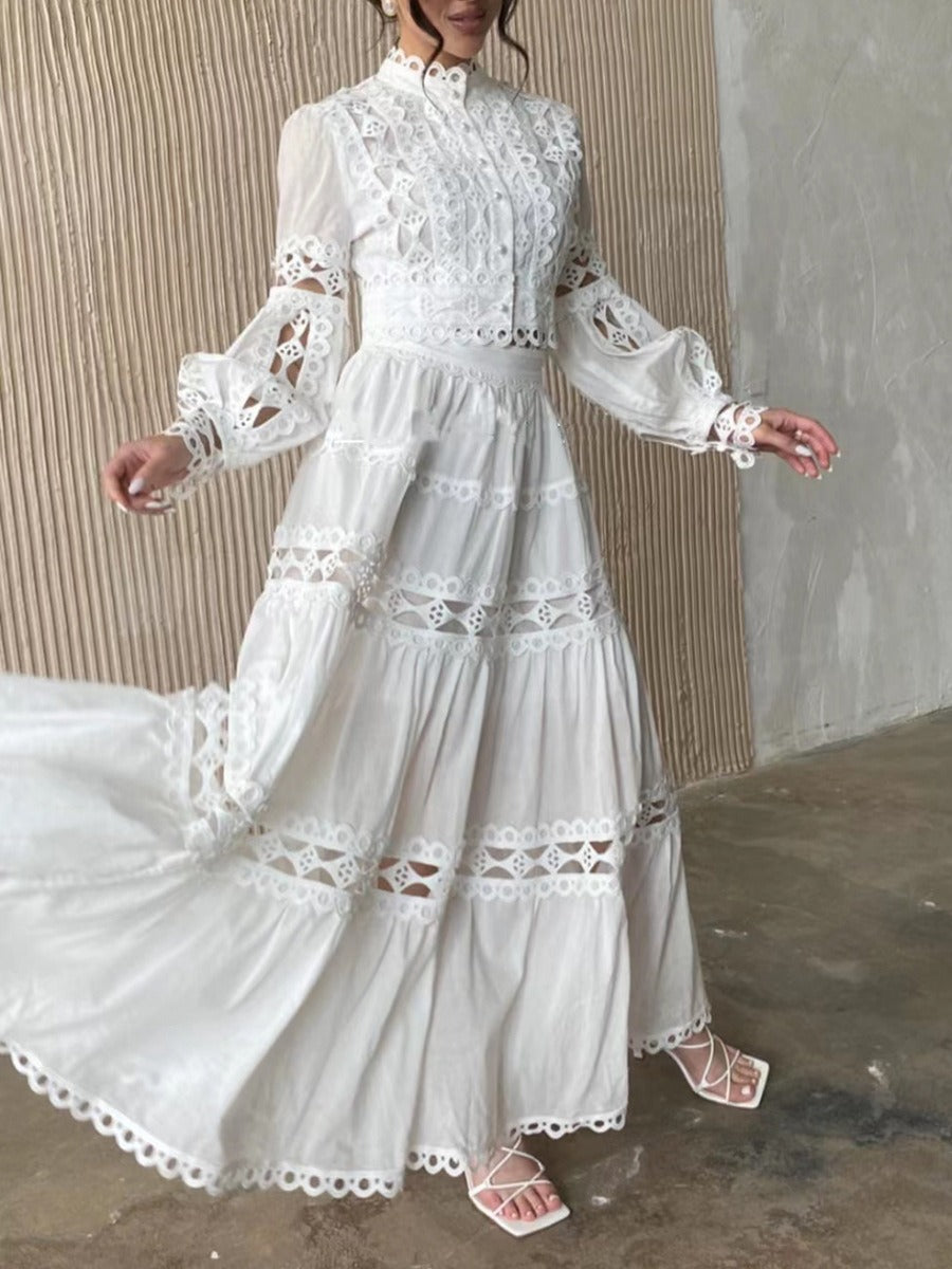 Autumn New Product French Retro Palace Style Small and Popular Women's Set Lace Lace Princess Sleeve Solid Color Set