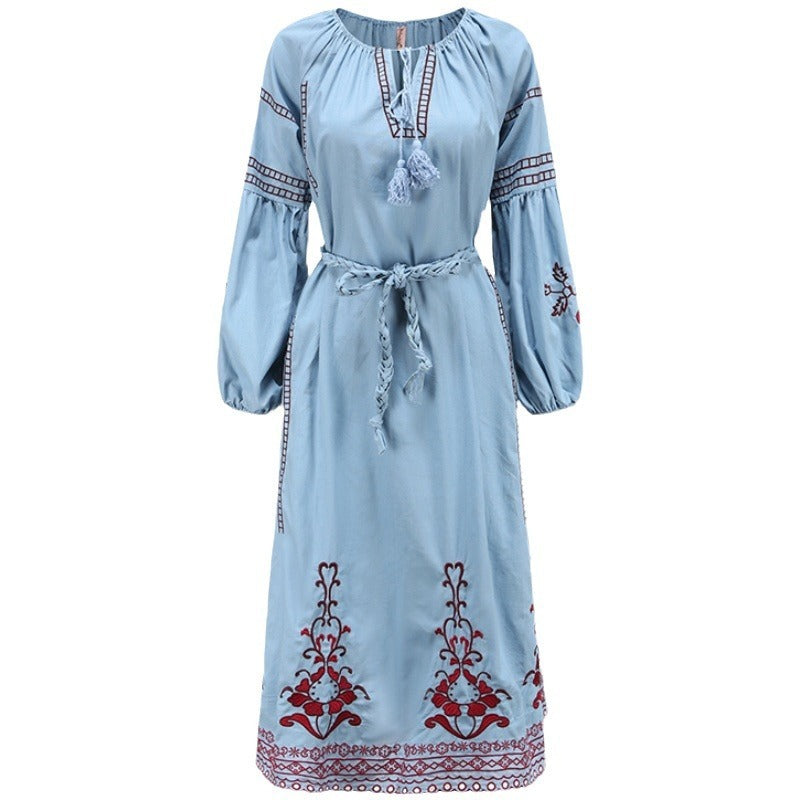 Bohemian lantern long sleeve embroidered neckline lace-up resort beach dress with belt