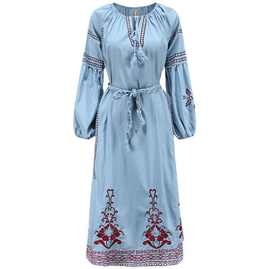 Bohemian lantern long sleeve embroidered neckline lace-up resort beach dress with belt