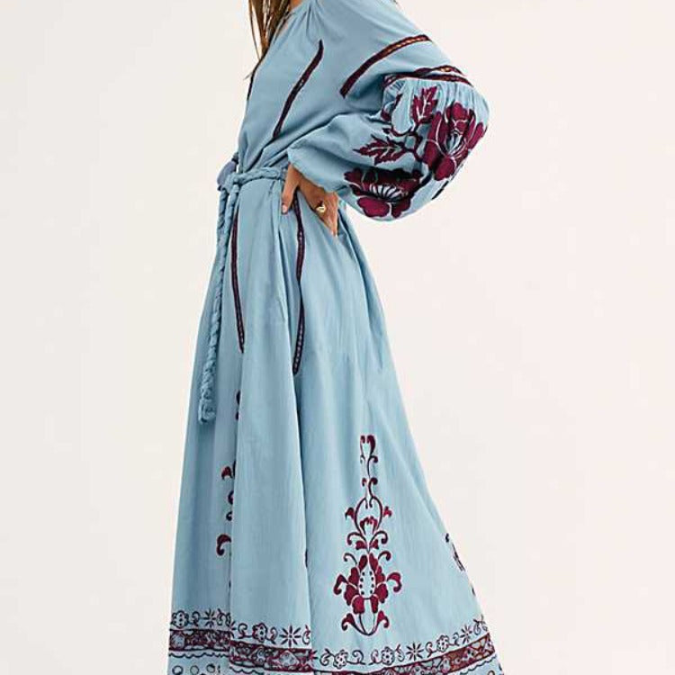 Bohemian lantern long sleeve embroidered neckline lace-up resort beach dress with belt