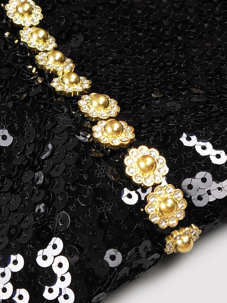 Black Evening Dinner Dress Women Elegant Square Collar Crystal Sequins Spaghetti Strap Dresses