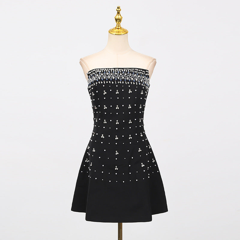Elegant Black Luxury Heavy Embroidery Beaded Little Black Dress New Arrival Strapless Waist-Cinching Dress for Women Summer