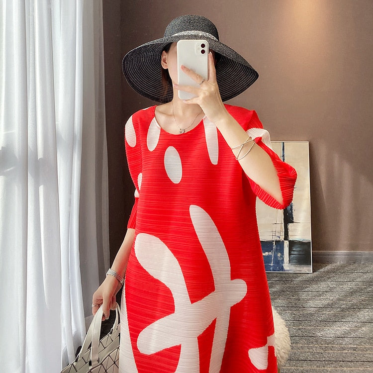 Pleated Dress Horizontal Pleated Elastic Print Loose Large Size Cover Belly All-Match Bottoming Skirt