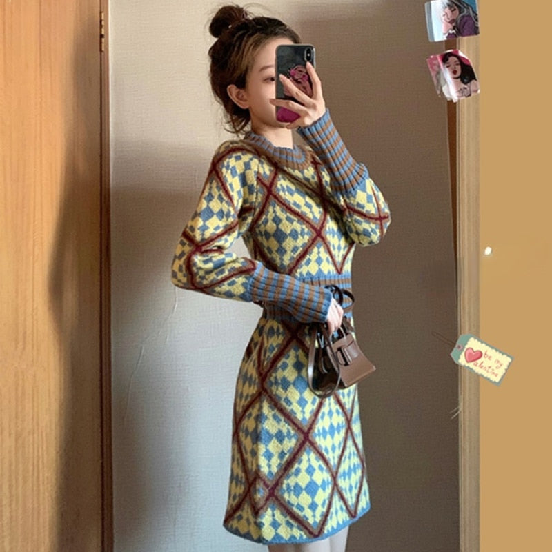 New Women's Waist and Thin Temperament Bottoming with New Year's Thick Sweater Skirt Knitted Dress Autumn and Winter O-Neck