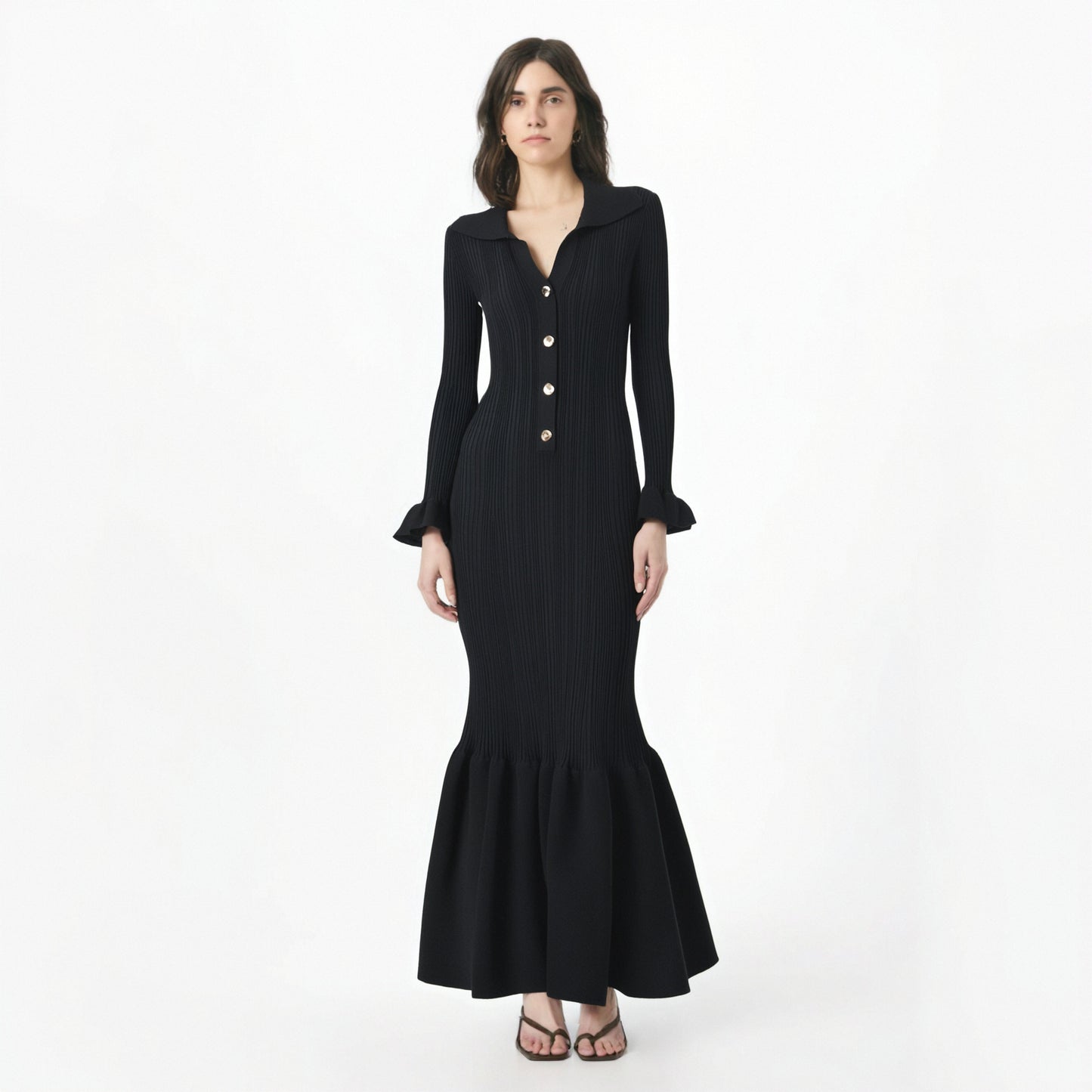 Elegant and fashionable black slim-fitting knitted fishtail long dress