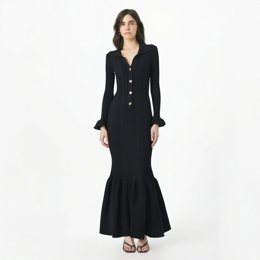 Elegant and fashionable black slim-fitting knitted fishtail long dress