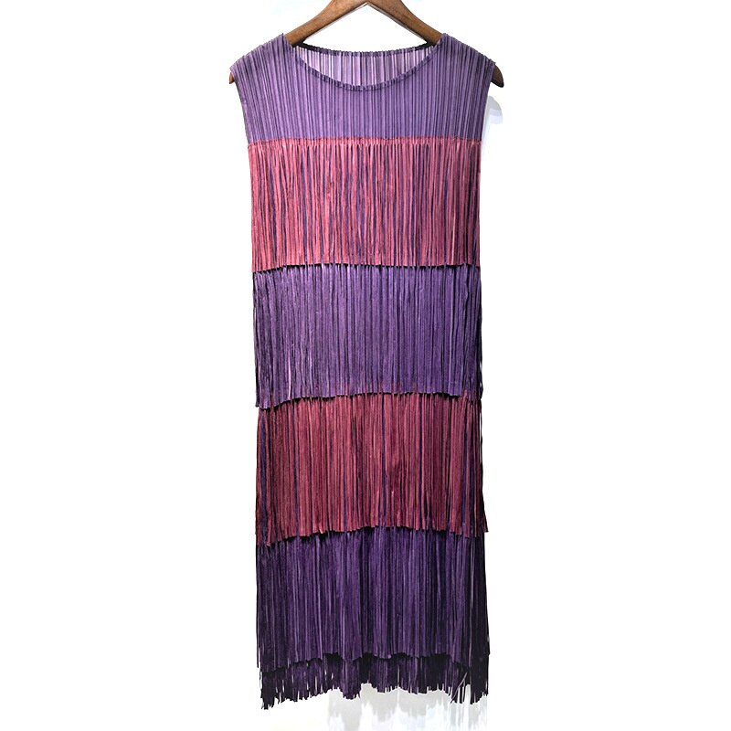 Woman Pleated Dress Hit Color Tassel Multi-layer Round Collar Sleeveless Loose Casual Style