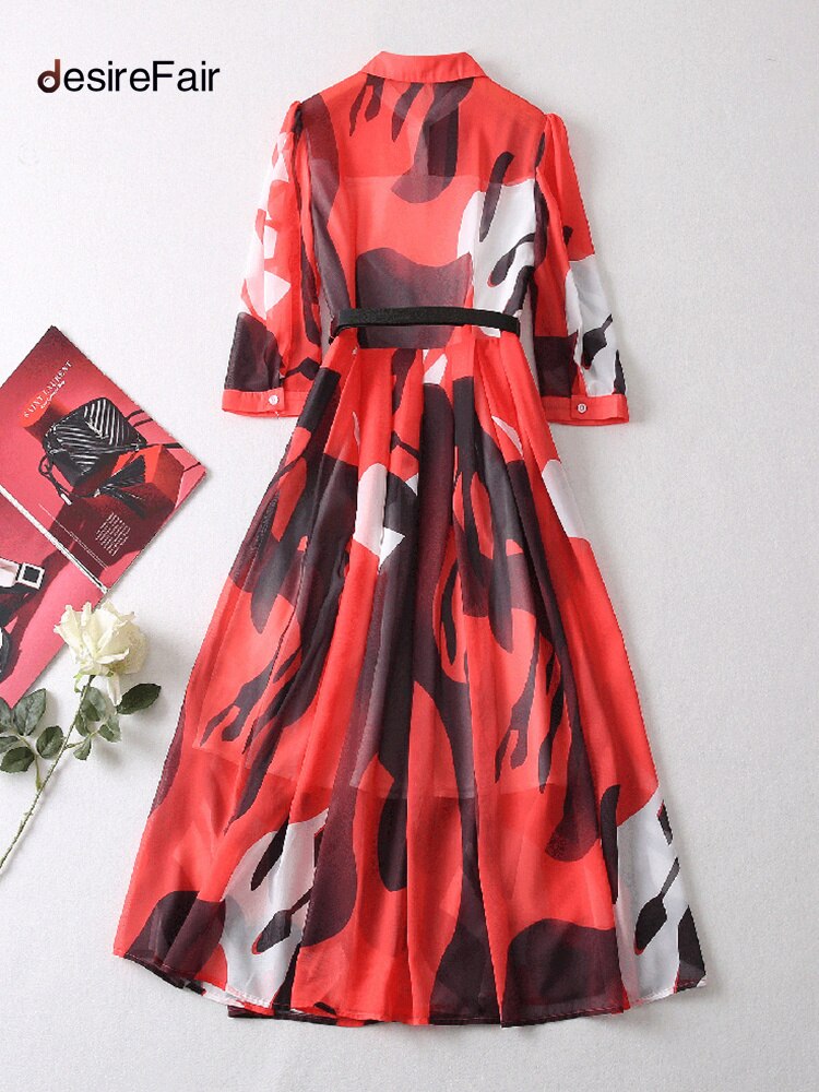 DesireFair Trendy Spring And Summer Mid-Length Women Commuter Style Single-Row Multi-Button Belt Mid-Waist Lapel Print Dresses