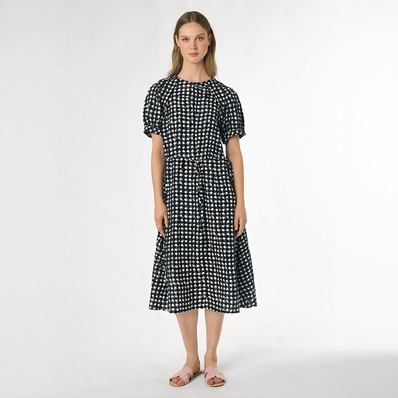 Plaid Printed Women's Lace-Up Loose Mid-Length Dress Round Neck Short Sleeve Ladies Casual Loose Age Reducing Robe
