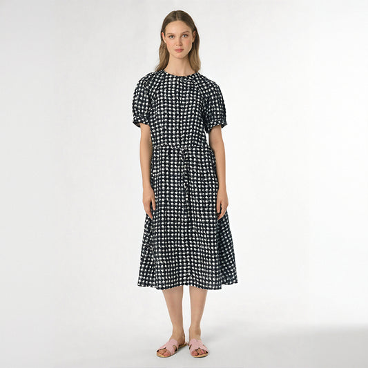 Plaid Printed Women's Lace-Up Loose Mid-Length Dress Round Neck Short Sleeve Ladies Casual Loose Age Reducing Robe
