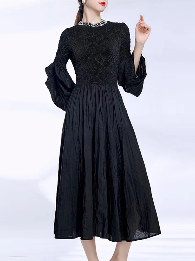 Pleated Round Collar Beading Dress Women Elegant Evening Party Fashion A Line Irregular Full Sleeve Medium Long