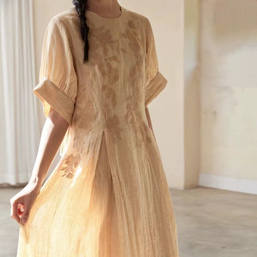 Loose Tie-Up Dress with Hand-Painted Embroidery, Linen Rayon Blend