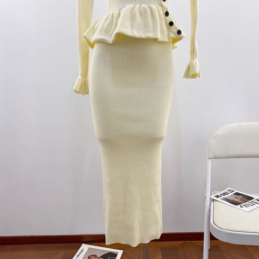 Elegant Knit Dress for Women with Ruffled Long Sleeves and Round Neck
