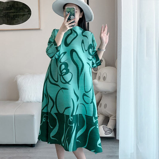 Miyake Pleated Spring New Women's French Fashion Print Dress Loose And Thin Belly-Covering Long Skirt