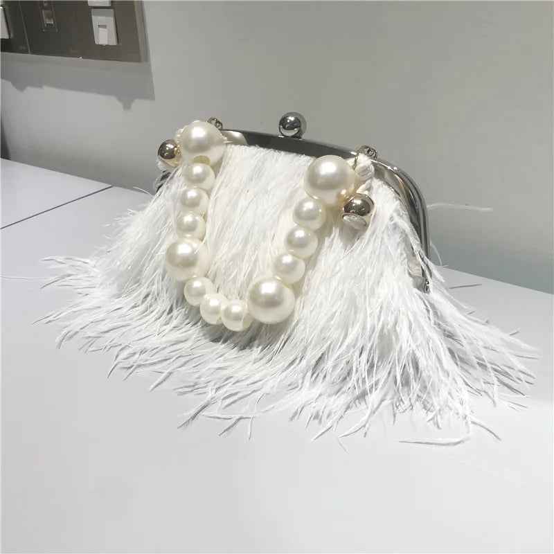 Feather Handbag Women Evening Crossbody Bag Pearl Chain Snake Chain Shoulder Bag Luxury Women Bags Design Party