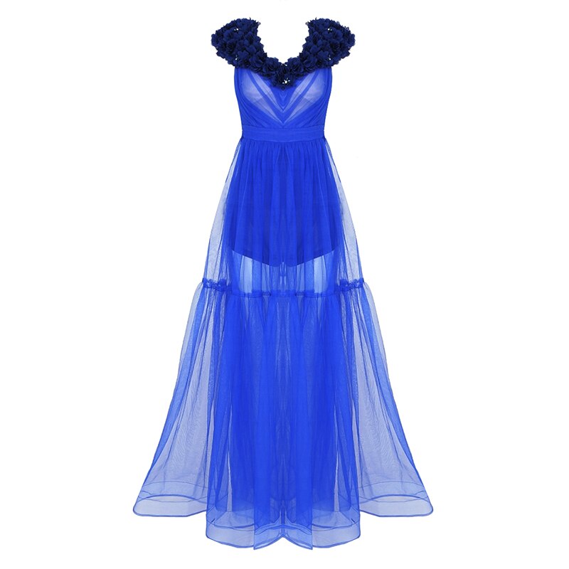 Trendy Appliques Design Blue Long Dress Women Sexy Deep V Neck Celebrity Party Club Dress