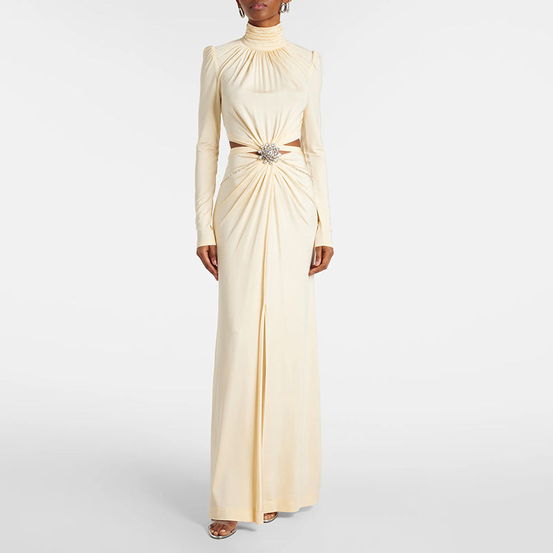 Waist hollow diamond inlaid elastic long dress