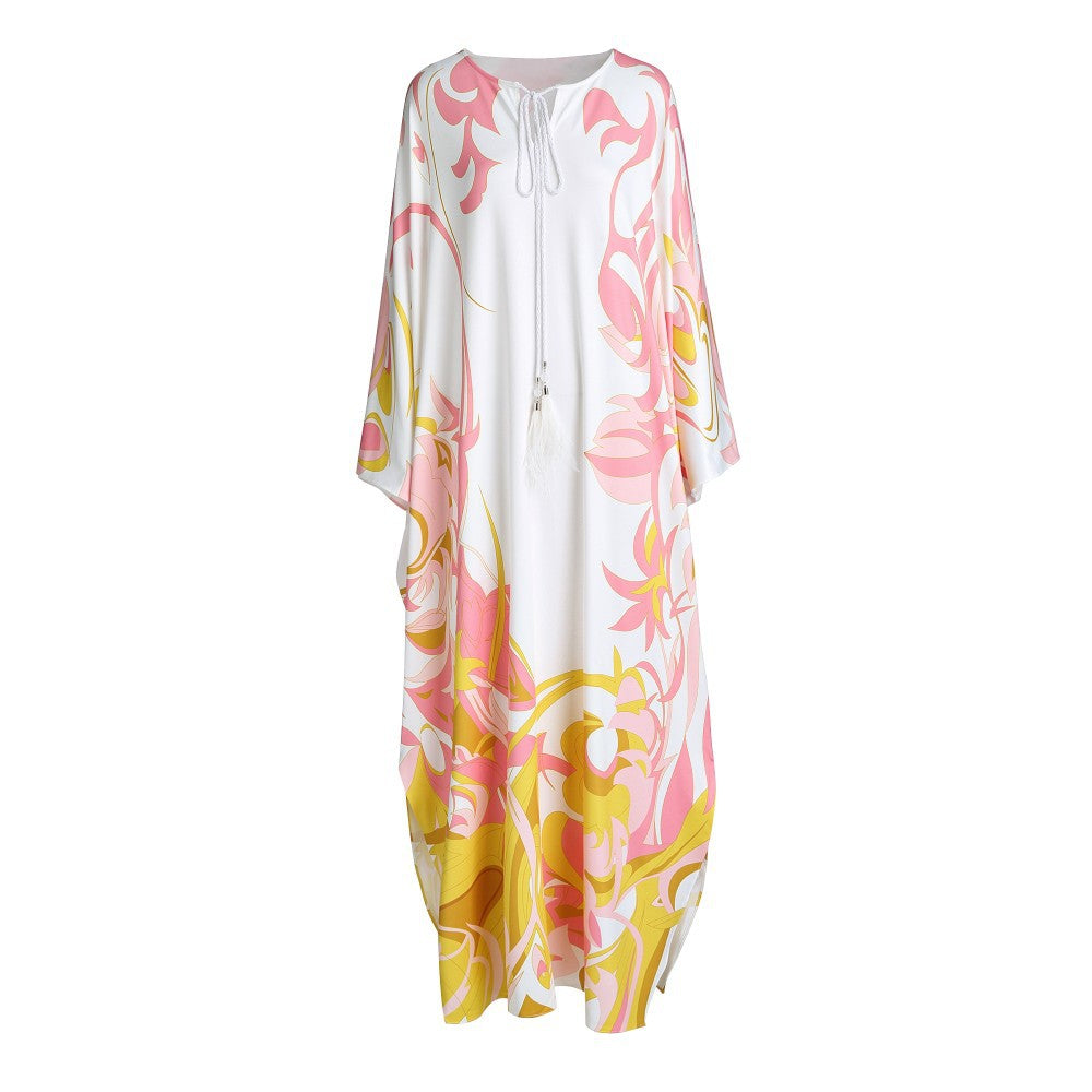 Spring/Summer V-Neck Large Size Doll Sleeves Urban Casual White Long Skirt Pullover Knitted Silk Print Loose Women's Clothing