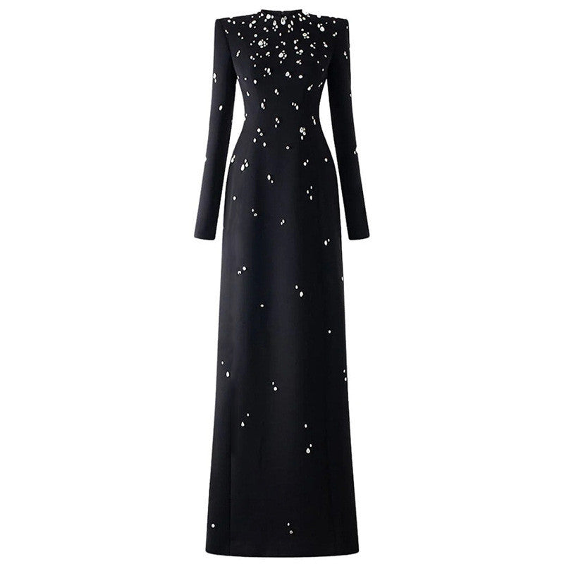 Elegant long evening dress with heavy-duty beading diamond inlay long-sleeved and bandage style
