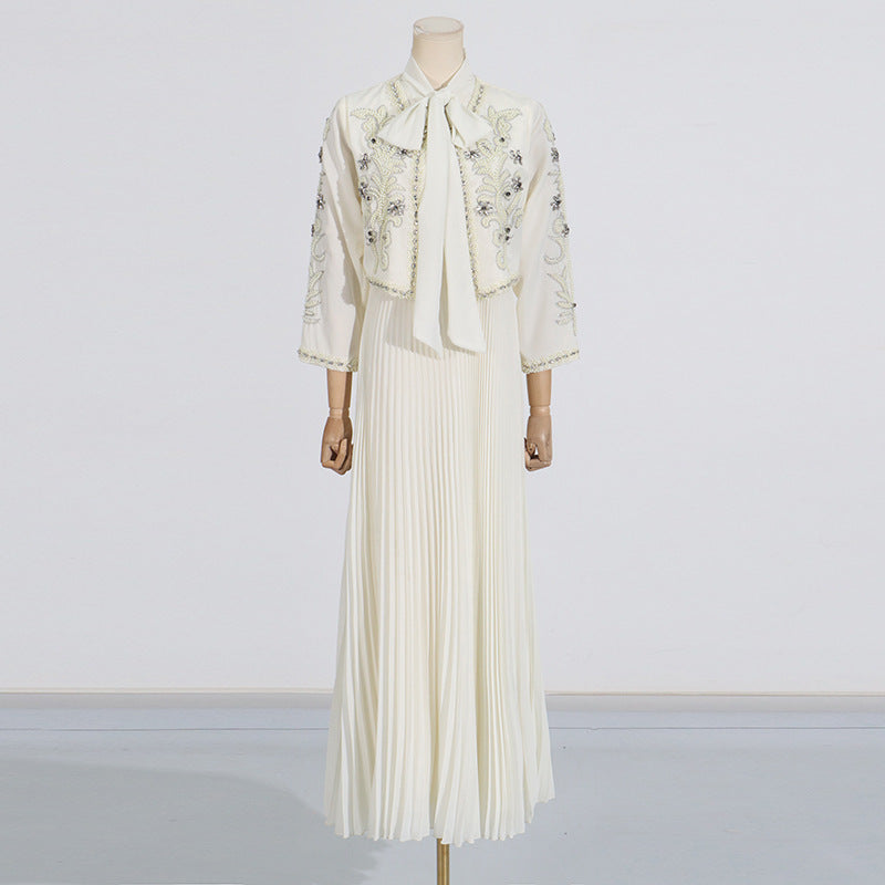 Style Heavy Embroidery Splicing Short Jacket + Pleated High Waist Skirt Set for Women