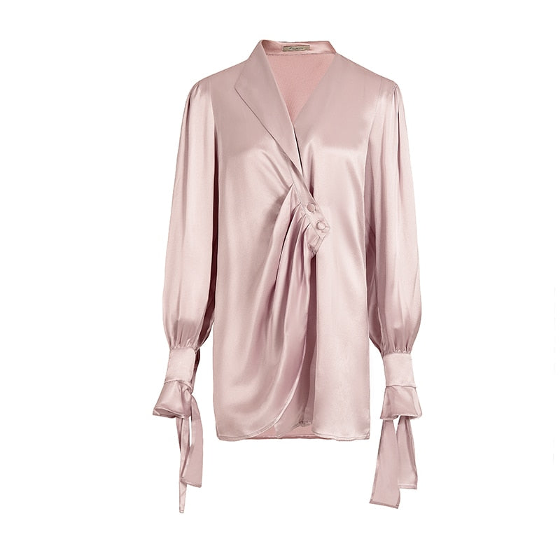 French Retro Pleated V-neck Dress Spring and Summer New Popular Design Satin Slim Skirt