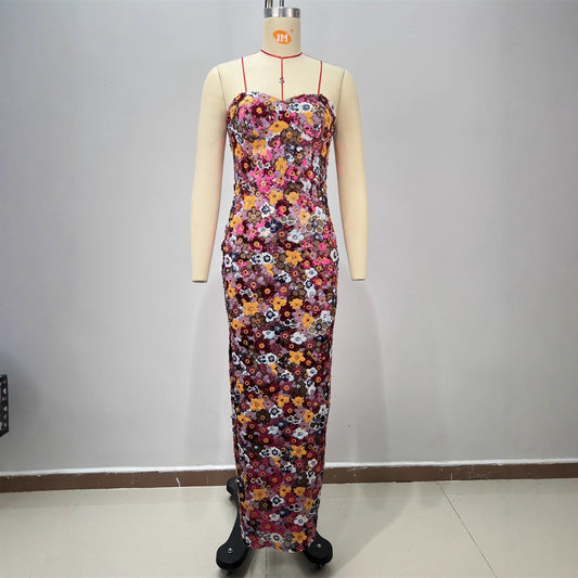 Women's Style Casual Backless Tube Top Slim Fit Floral Decorated Long Bodycon Dress
