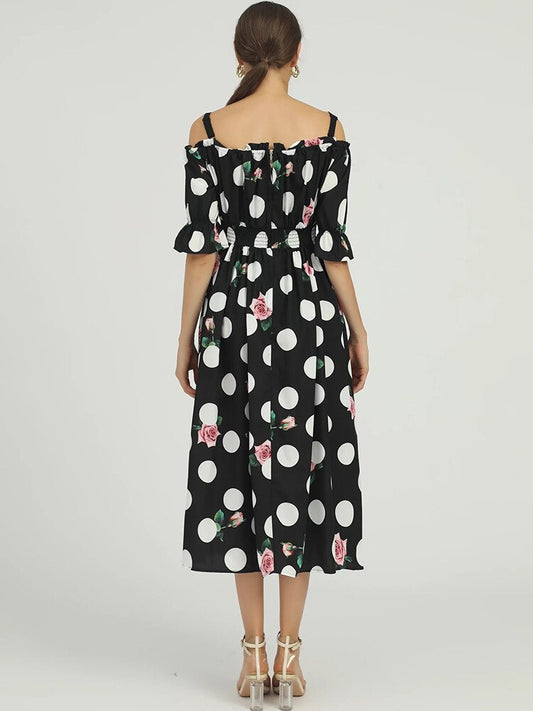 Tingfly New Spring Summer Fashion Polka Dot Print Slash Neck Party Dresses Elastic High Waist A Line Midi Long Elbise Frock