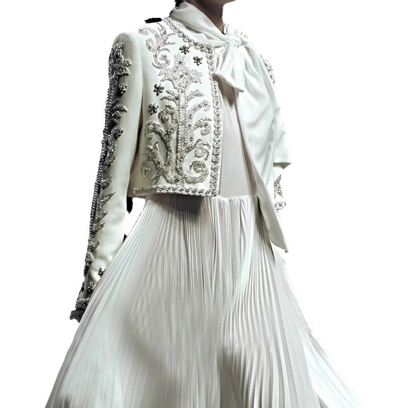 Style Heavy Embroidery Splicing Short Jacket + Pleated High Waist Skirt Set for Women