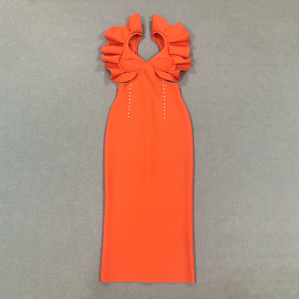 European and American summer new high-end fashion temperament bandage sleeveless orange dress long women's dress