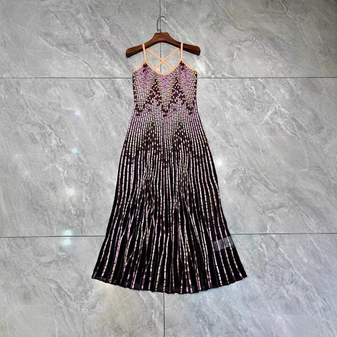 Retro temperament commuting color striped patchwork camisole pleated skirt long skirt fishtail dress