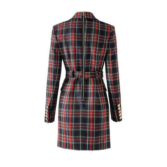 Red and black checkered temperament waist cinching suit skirt B-belt skirt commuting suit dress