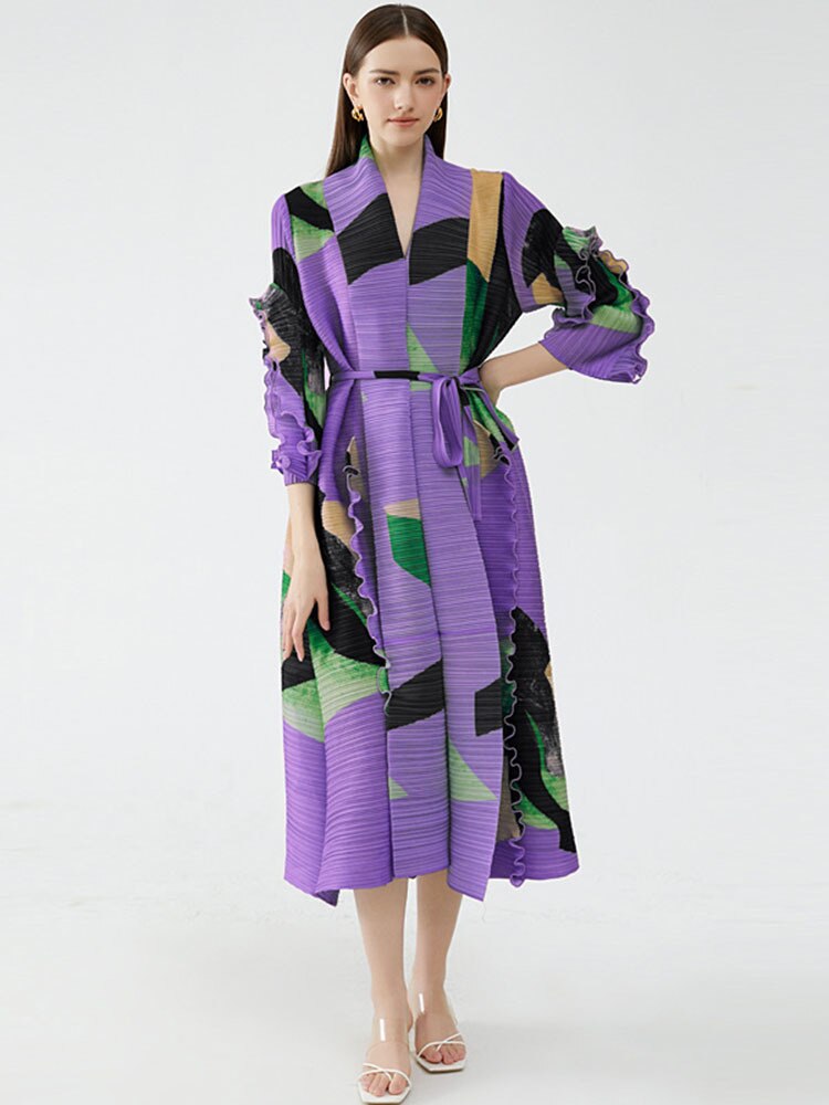 Pleated Print Loose Dress Women Laple Belt Spliced Ruffles Medium Long Casual  Spring Summer New Female Fashion