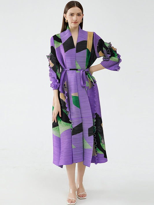 Pleated Print Loose Dress Women Laple Belt Spliced Ruffles Medium Long Casual  Spring Summer New Female Fashion