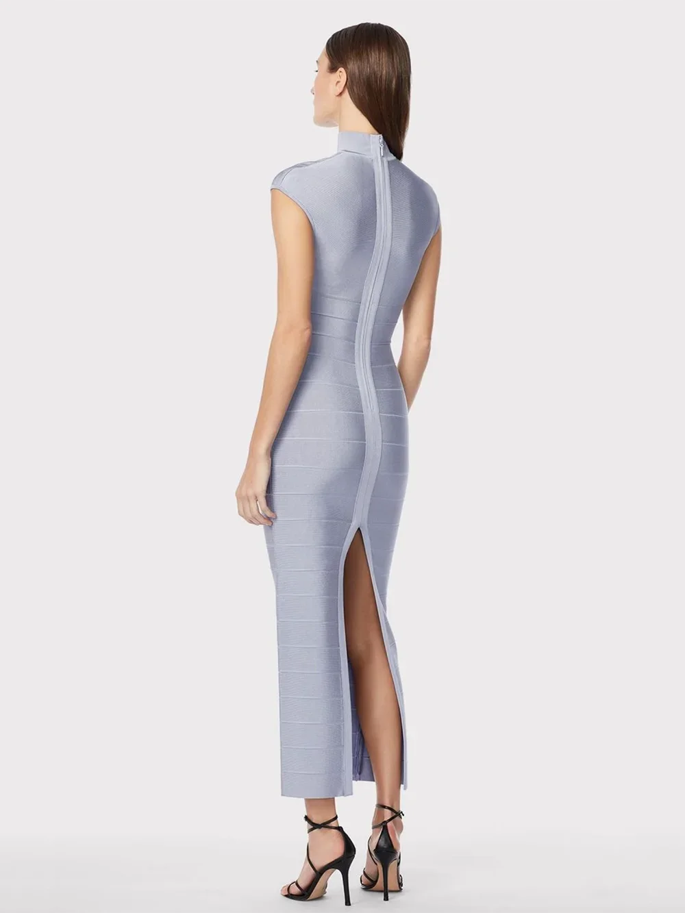 Grey Bandage Dress Women's Sleeveless Stand Collar Hollow Bodycon Celebrity Party Club Maxi Dress Vestidos