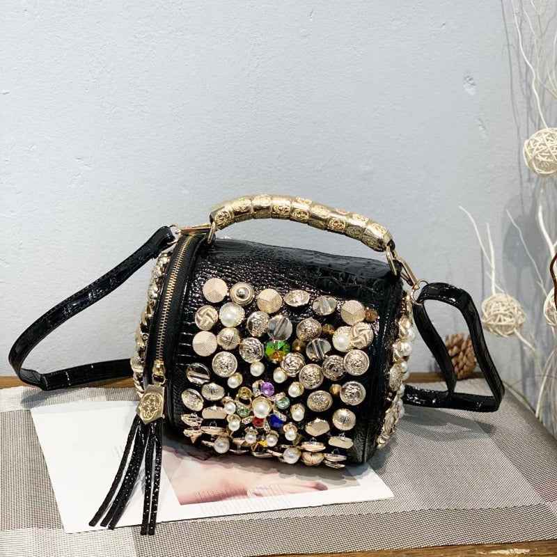 Bag Cylinder Bag Handmade Rhinestone Bag Classic Versatile Shoulder Crossbody Bag Pillow Bag