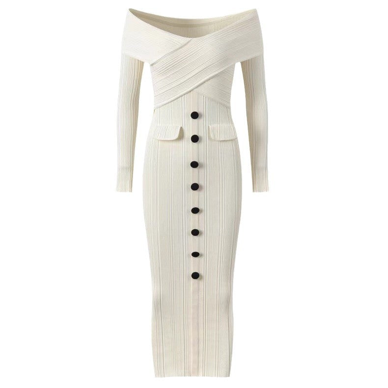 One-shoulder sexy slim knitted dress evening dress with hip-hugging long skirt