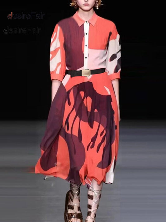 DesireFair Trendy Spring And Summer Mid-Length Women Commuter Style Single-Row Multi-Button Belt Mid-Waist Lapel Print Dresses