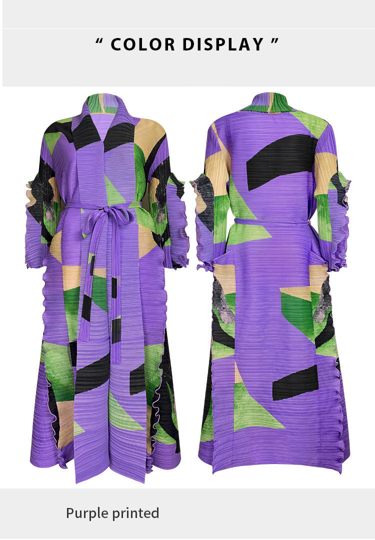 Pleated Print Loose Dress Women Laple Belt Spliced Ruffles Medium Long Casual  Spring Summer New Female Fashion