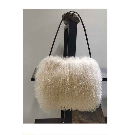 Genuine leather women's bag beach wool fur bag, one shoulder portable tassel sheepskin fur bag