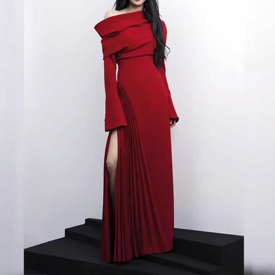 Vietnamese niche high-end stacked off shoulder dress women's autumn new collection waist cinching and slimming flared sleeves pleated long skirt