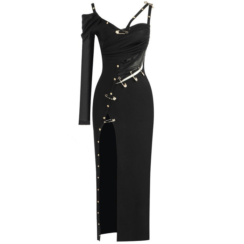Sexy slim fitting bandage dress mid length dress hollowed out pin metal independent design elegant