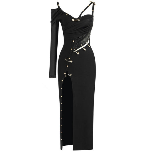 Sexy slim fitting bandage dress mid length dress hollowed out pin metal independent design elegant