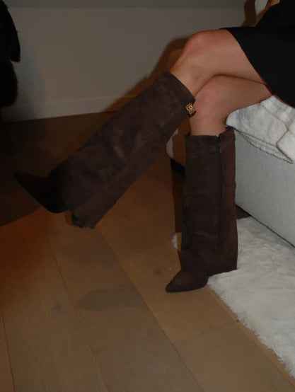 Boots with pointed toes large tube circumference straight tube metal buckle medium length tube thick heel women's boots