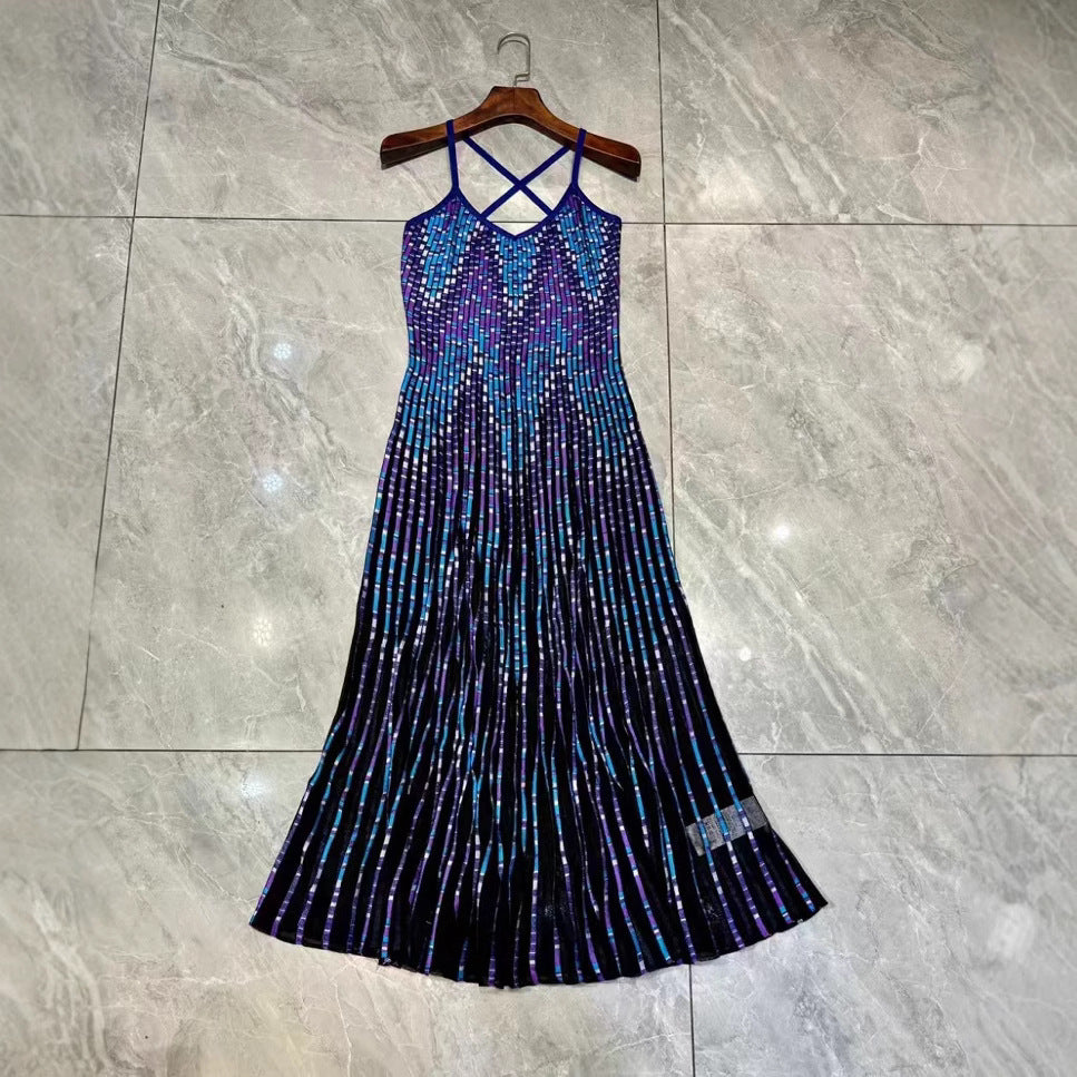 Retro temperament commuting color striped patchwork camisole pleated skirt long skirt fishtail dress