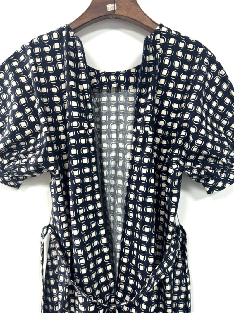 Plaid Printed Women's Lace-Up Loose Mid-Length Dress Round Neck Short Sleeve Ladies Casual Loose Age Reducing Robe